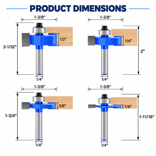 4PCS Rabbeting Router Bit Set 1/4" Shank with 6 Bearings Set