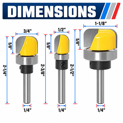 3PCS 1/4" Shank Bowl and Tray Template Router Bit Set