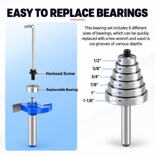 4PCS Rabbeting Router Bit Set 1/4" Shank with 6 Bearings Set
