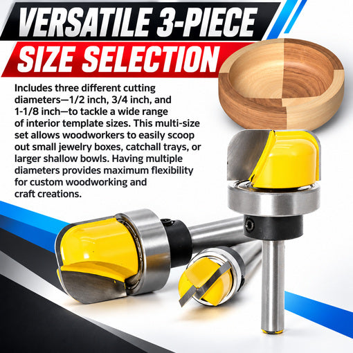 3PCS 1/4" Shank Bowl and Tray Template Router Bit Set