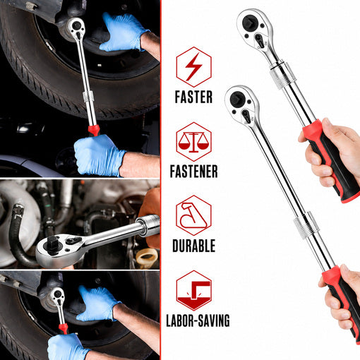 Extendable 1/2" and 3/8" Dual Drive Ratchet Wrench