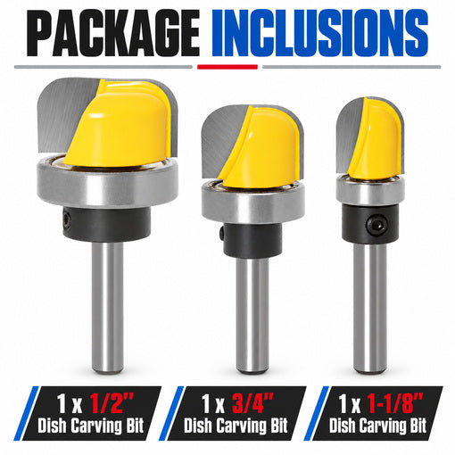 3PCS 1/4" Shank Bowl and Tray Template Router Bit Set