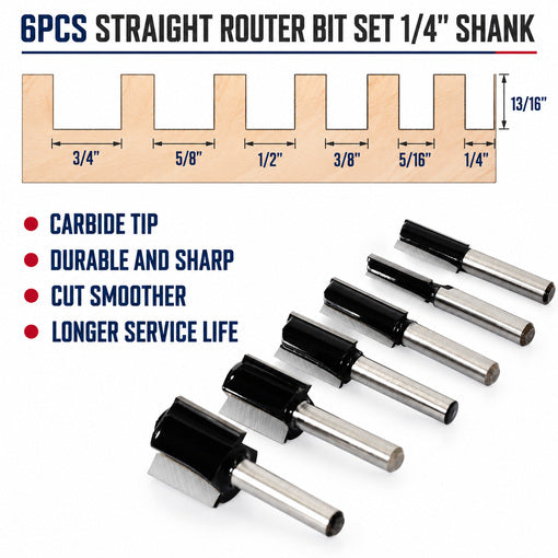 6PCS Straight Router Bit Set 1/4" Shank