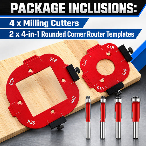 2PCS 4-in-1 Rounded Corner Router Template with 4 Milling Cutters