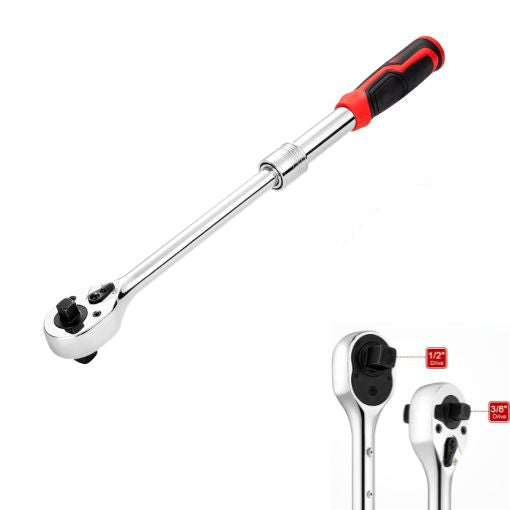 Extendable 1/2" and 3/8" Dual Drive Ratchet Wrench