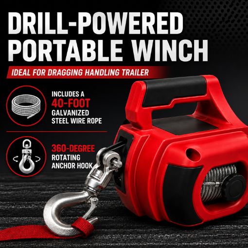 Drill-Powered Portable Winch with Steel Wire Rope