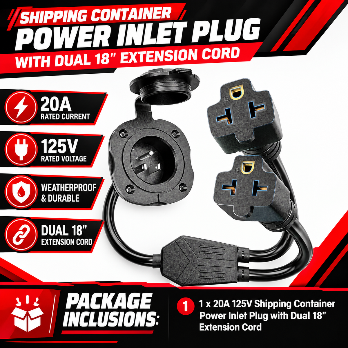 20A 125V Shipping Container Power Inlet Plug with Dual 18" Extension Cord