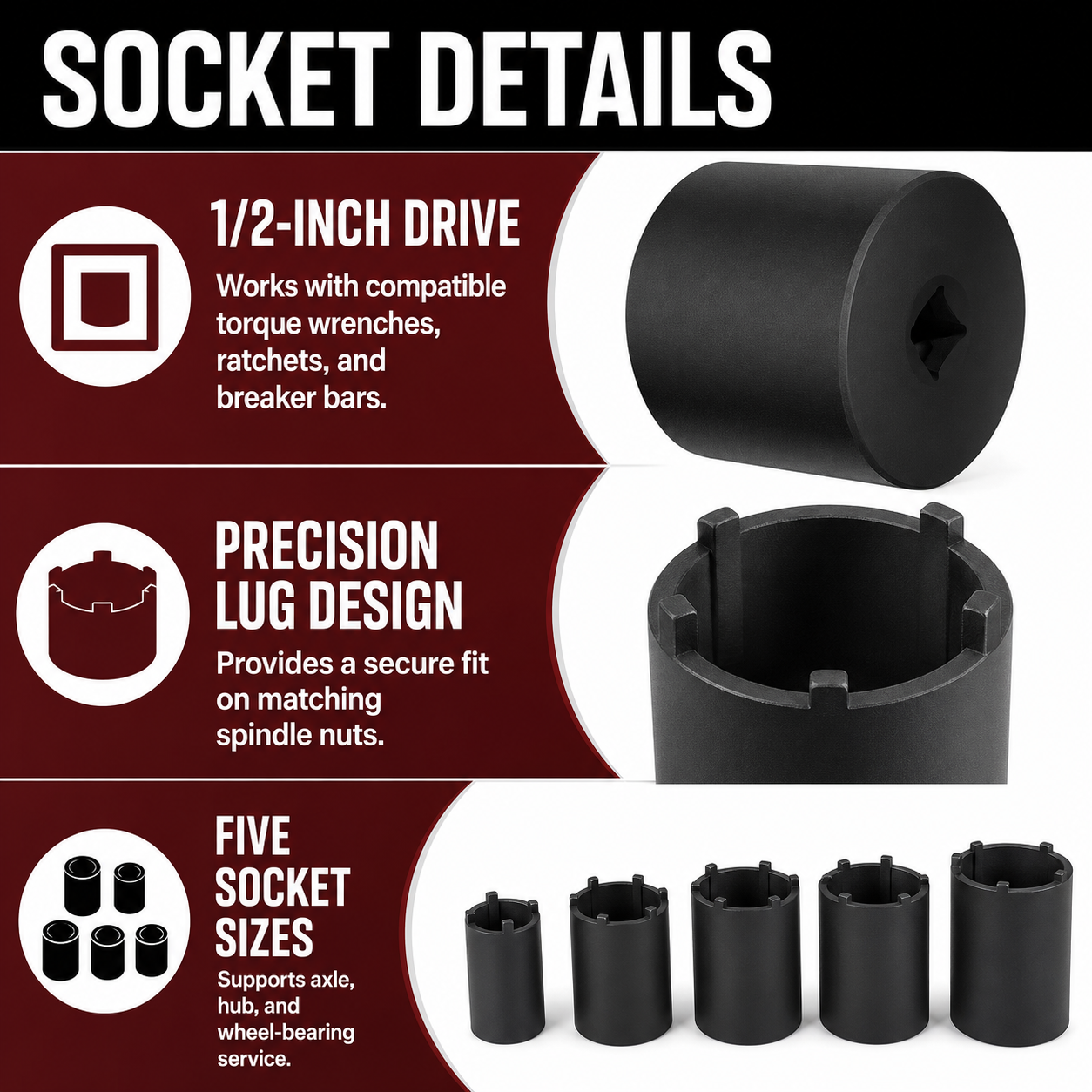 5-Piece Spindle Nut Socket Tool Kit