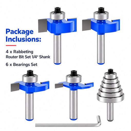 4PCS Rabbeting Router Bit Set 1/4" Shank with 6 Bearings Set