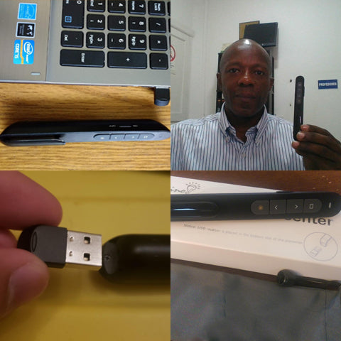 Collage pictures of the easy plug-in-play of 2.4 GHz Wireless Presenter. Hand-held and Portable Device