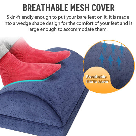 This adjustable foot rest has a breathable mesh cover