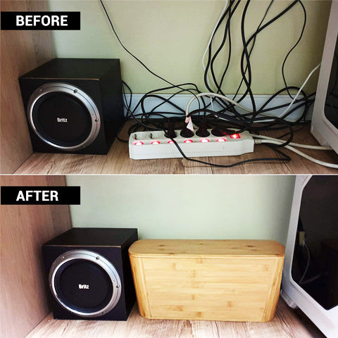Without using a cable management box VS using our Bamboo Cable Management Box
