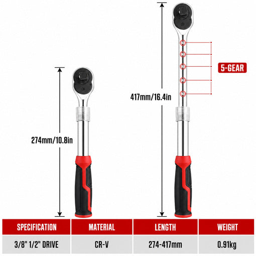 Extendable 1/2" and 3/8" Dual Drive Ratchet Wrench