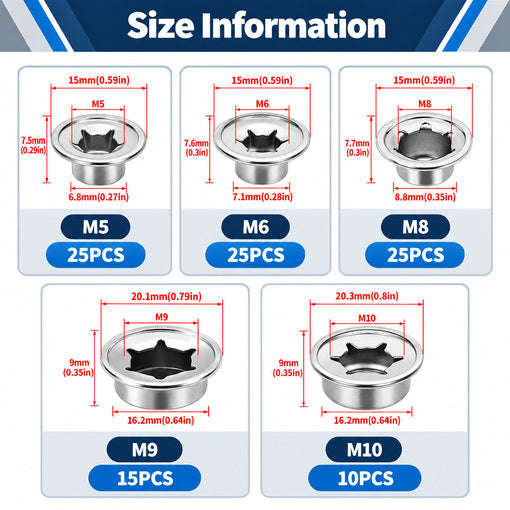 100PCS M5 M6 M8 M9 M10 Spring Steel Push On Pushnut Cap Stud Assortment Set