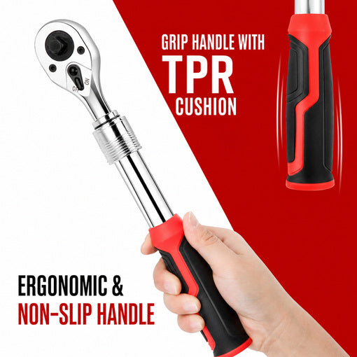 Extendable 1/2" and 3/8" Dual Drive Ratchet Wrench
