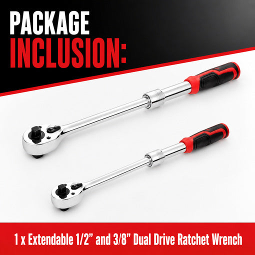 Extendable 1/2" and 3/8" Dual Drive Ratchet Wrench