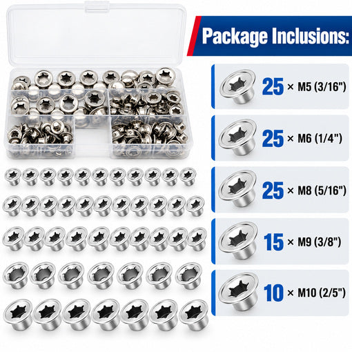 100PCS M5 M6 M8 M9 M10 Spring Steel Push On Pushnut Cap Stud Assortment Set