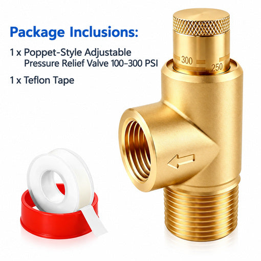 Poppet-Style Adjustable Pressure Relief Valve 100-300 PSI