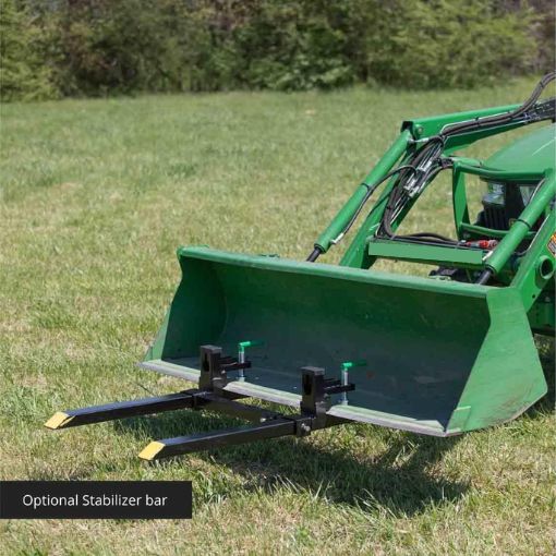 Clamp-On Pallet Forks with Adjustable Stabilizer Bar