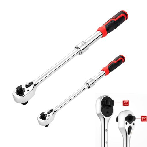 Extendable 1/2" and 3/8" Dual Drive Ratchet Wrench