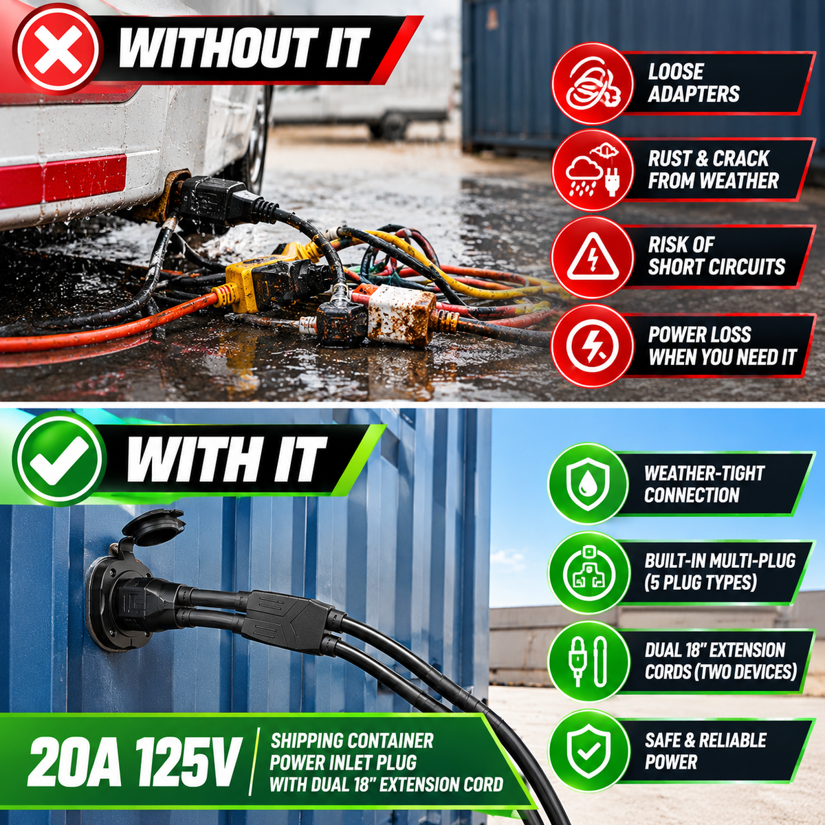 20A 125V Shipping Container Power Inlet Plug with Dual 18" Extension Cord