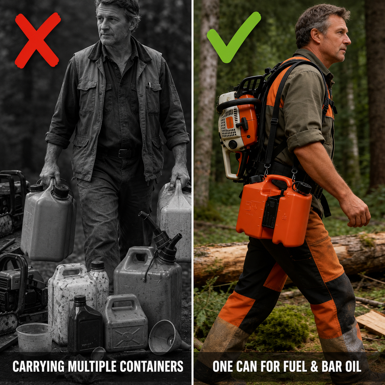 On-The-Go Dual-Chamber Chainsaw Fuel and Bar Oil Can