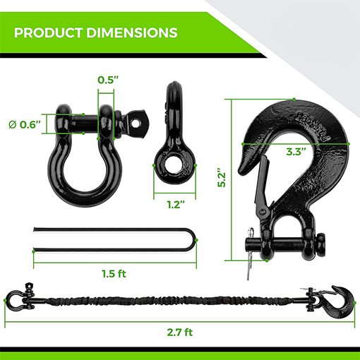 ATV Recovery Strap with Winch Hook and D Ring Shackle