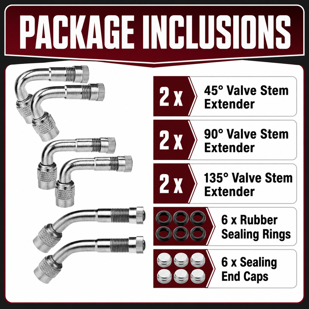6-Pack Valve Stem Extenders, 45° 90° 135° Schrader Tire Valve Extension