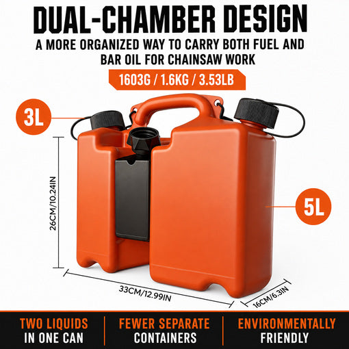 On-The-Go Dual-Chamber Chainsaw Fuel and Bar Oil Can