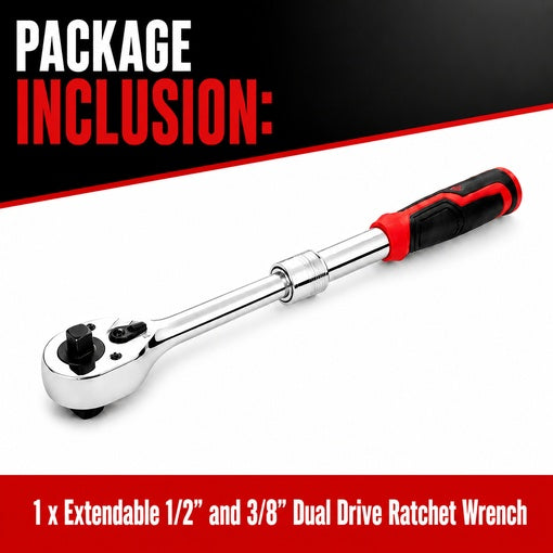 Extendable 1/2" and 3/8" Dual Drive Ratchet Wrench
