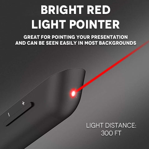 Bright red light pointer of 2.4 GHz Wireless Presenter. Great for pointing your presentation. It can be easily seen in most backgrounds