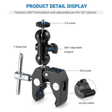 Camera Clamp Mount with 360-Degree Ballhead Arm Features