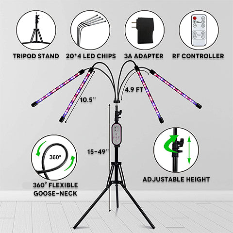Features and package inclusions of the 4-Head Dimmable UV Grow Light