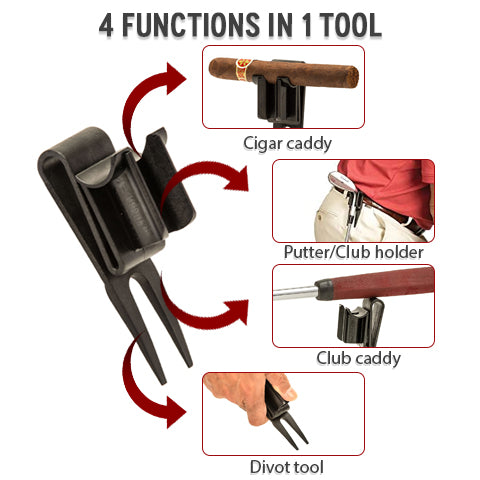 4 functions in one tool: cigar caddy, putter/club holder, club caddy, and divot tool
