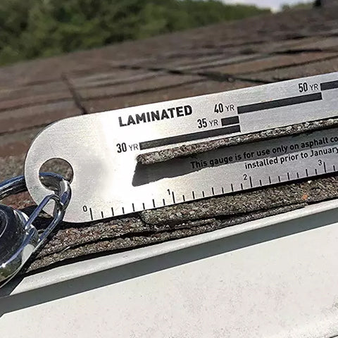 Shingle Gauge measuring a laminated roof shingle 