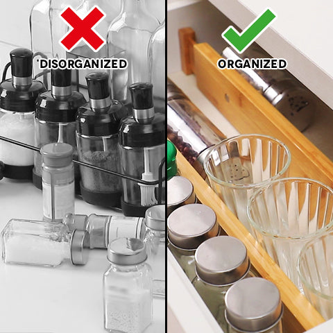 Disorganized space VS organized space using Bamboo Drawer Divider 