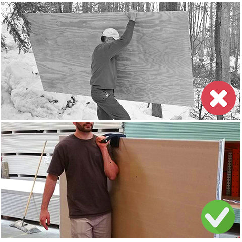 Carrying and moving around plywood by hand vs. using the Plywood and Drywall Panel Carrier Tool