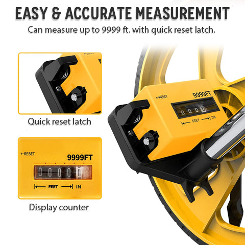 Easy and accurate measurement with the collapsible measuring wheel; quick reset latch and display counter