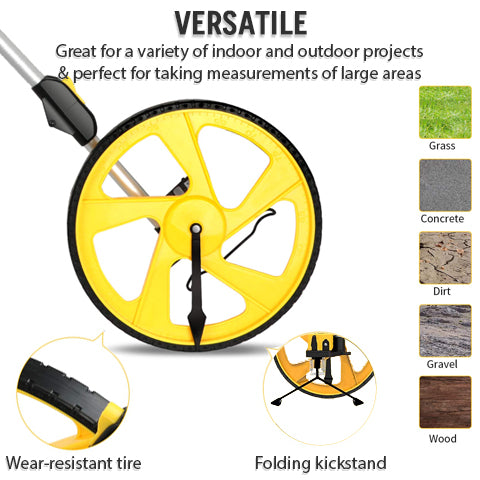 Versatile measuring wheel; can be used in any type of surface; wear-resistant tire and folding kickstand