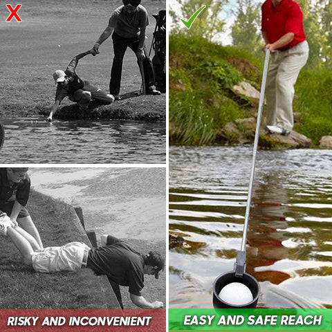 Risky and inconvenient golf ball retrieval VS easy and safe retrieving of golf balls with Telescopic Golf Ball Retriever