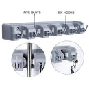 Wall Mounted Broom Holder has five slots and six hooks